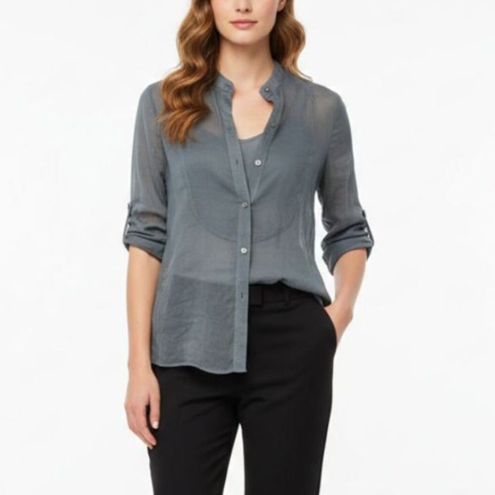 Theory Women's Gray Semi-Sheer Button-Up Collarless LS Shirt Size M/L